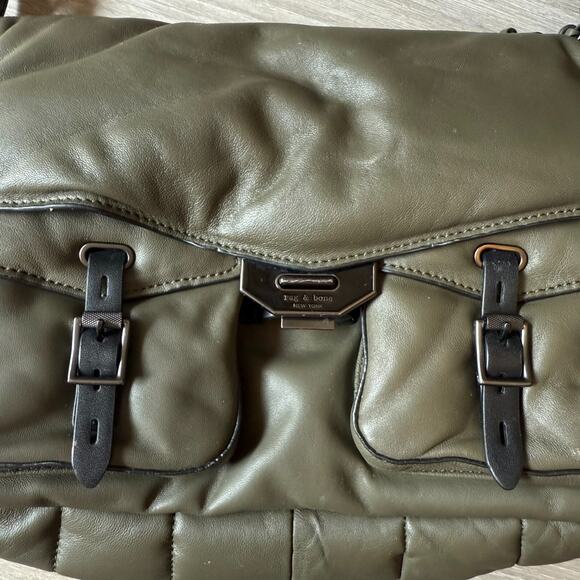 Rag & Bone Large Field Leather Messenger Bag Dark Green Puffer Leather And Nylon - Picture 3 of 16